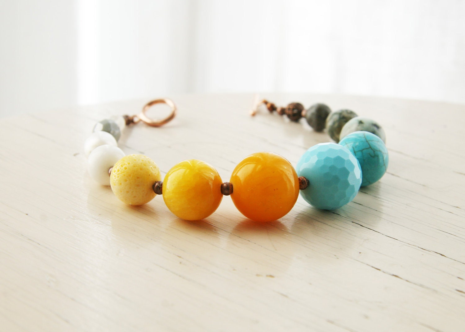 Yellow Sun, Sky Blue, Grey and Ivory Stone Beaded Bracelet Europeanstreetteam