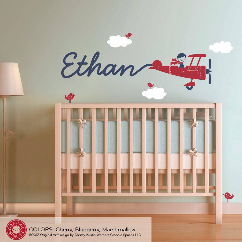 Airplane Wall Decal Boy Name Skywriter for Nursery Baby Children
