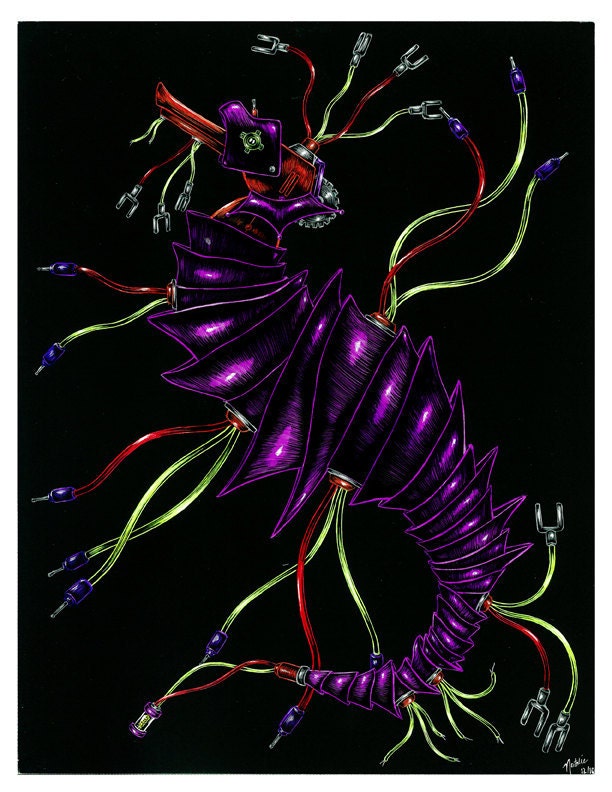 Robot Sea Dragon - Art Print - Original done on scratchboard