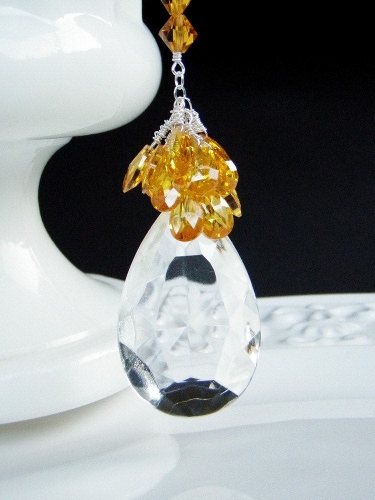 Chandelier Crystal Citrine Yellow  Drops Necklace