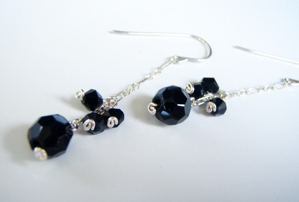 Black Crystal Long Cluster Earrings Midnight Cascade Earrings