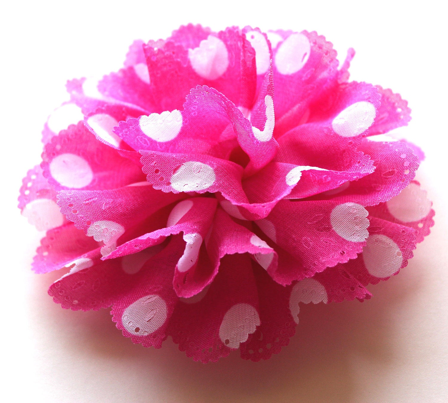 Polka dots fabric flower hot pink and white brooch