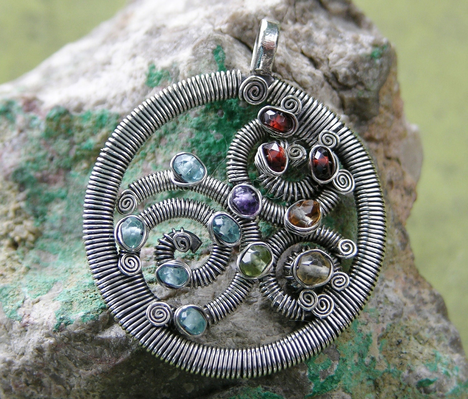 Color Theory Spirals -- Multigemstone Sterling Silver Wire-Wrapped Circle Pendant ON SALE 25% OFF
