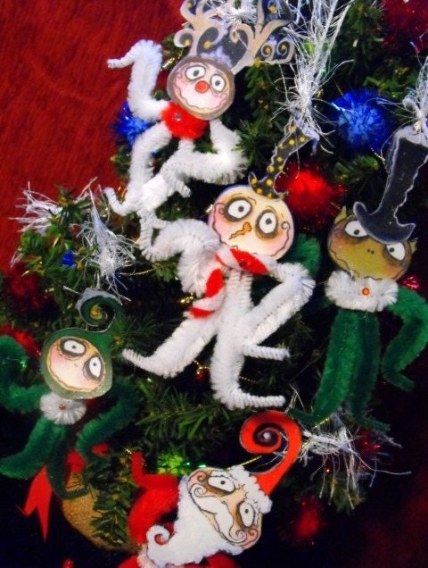 Christmas OOAK Spooky Hollow  Vintage style Chenille Ornaments sparkling creepy cute folk art for your tree