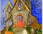 Halloween Haunted House postcard print by Carmen Ellis