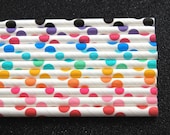 25 Rainbow Polka Dotted Straws and PDF Printable Party Flags