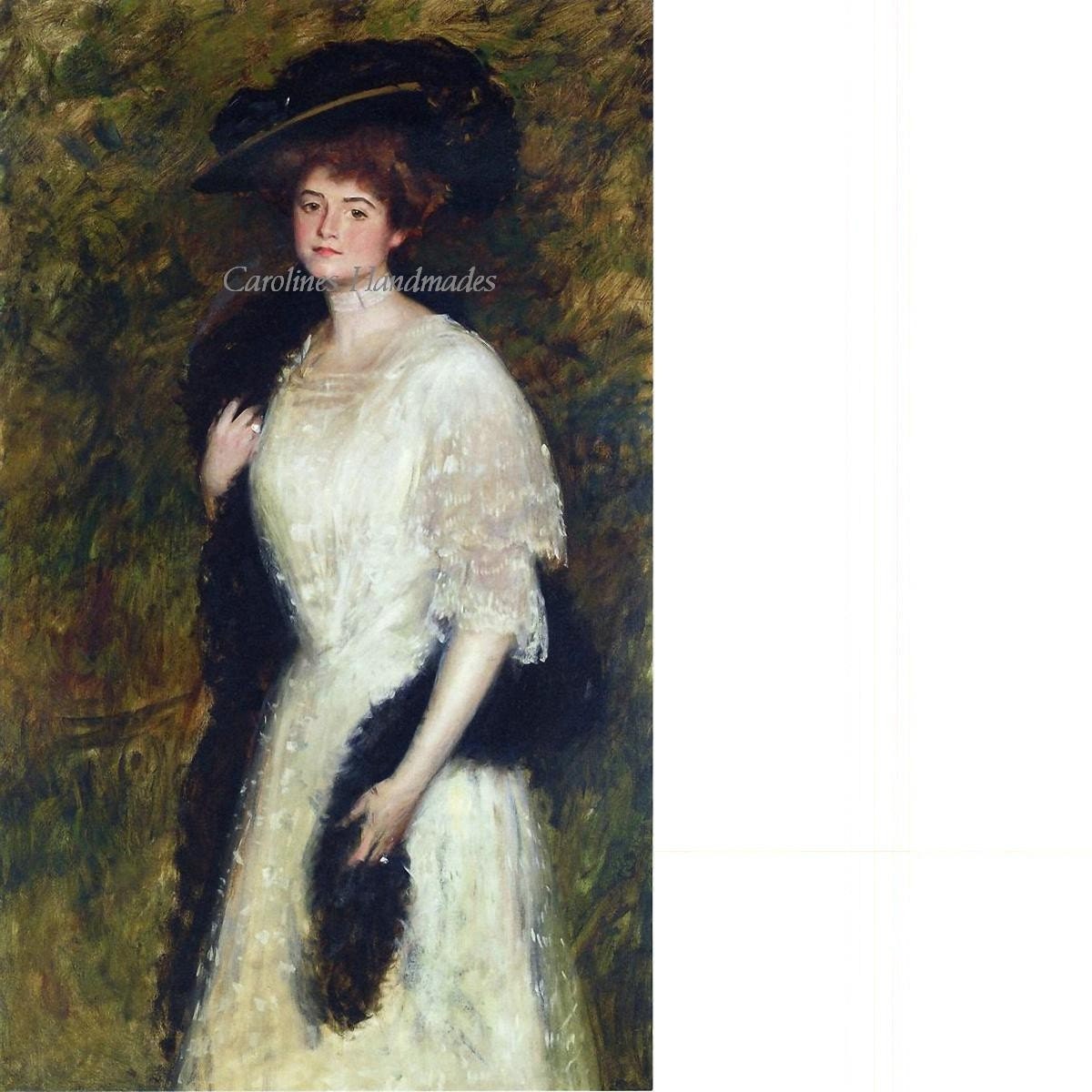 Big Hat Victorian Lady Reproduction Cotton Fabric Art Print 3X5" Applique