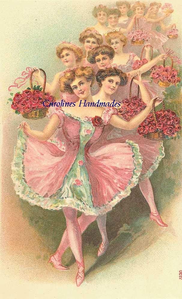 Vintage Ballerinas In Pink Reproduction Cotton Fabric Art Print 3X5" Applique