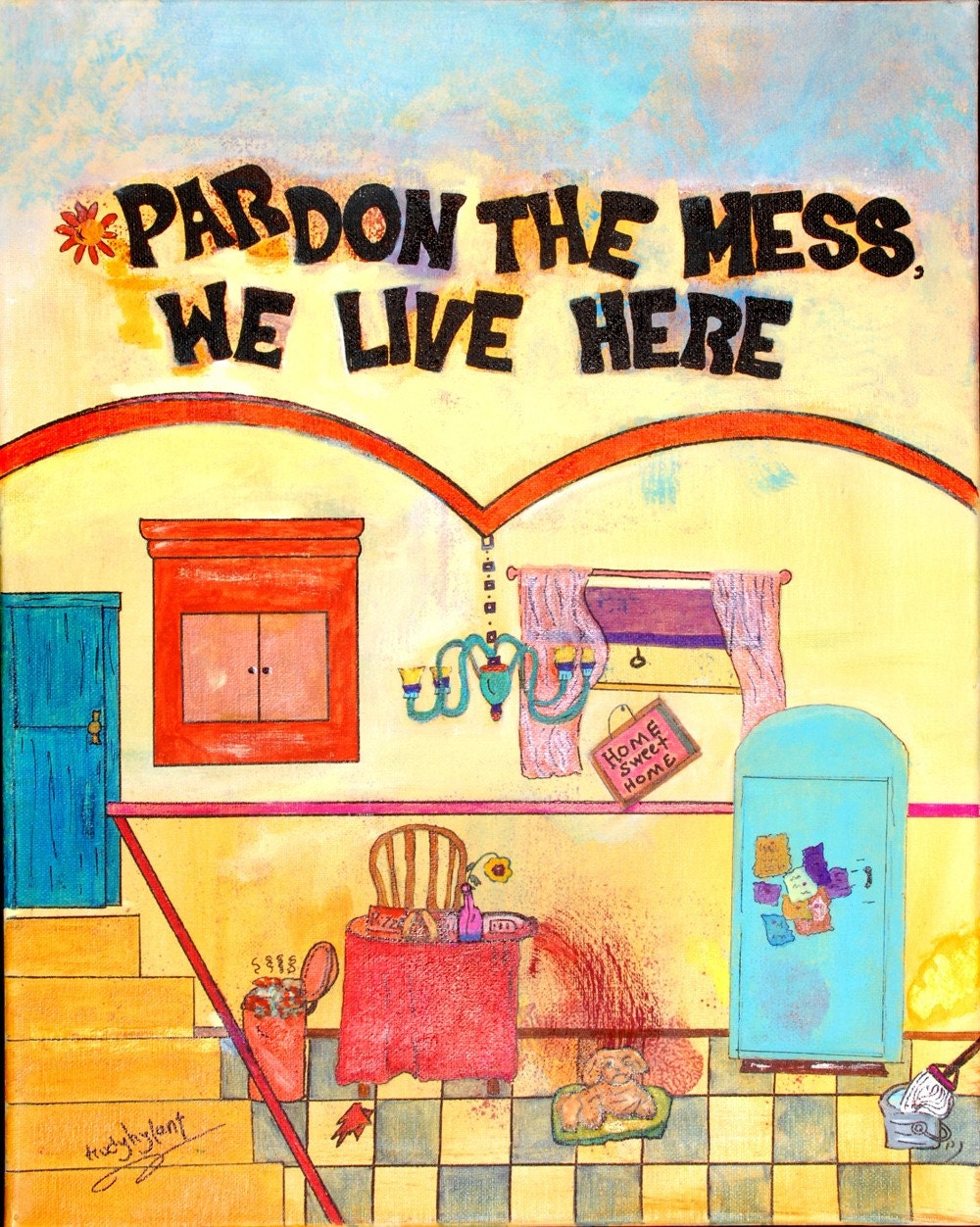 Mixed Media Giclee Fine Art Print Messy Home Hand Printed Illustration