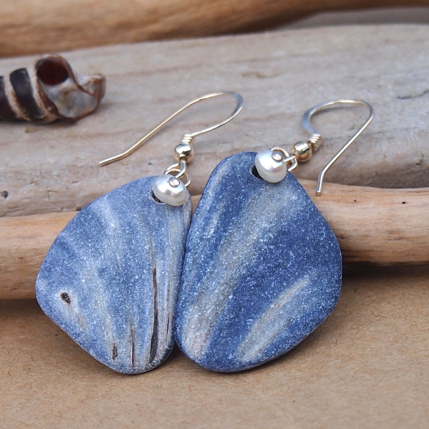 Navy Shell and Pearl Earrings Sterling Silver