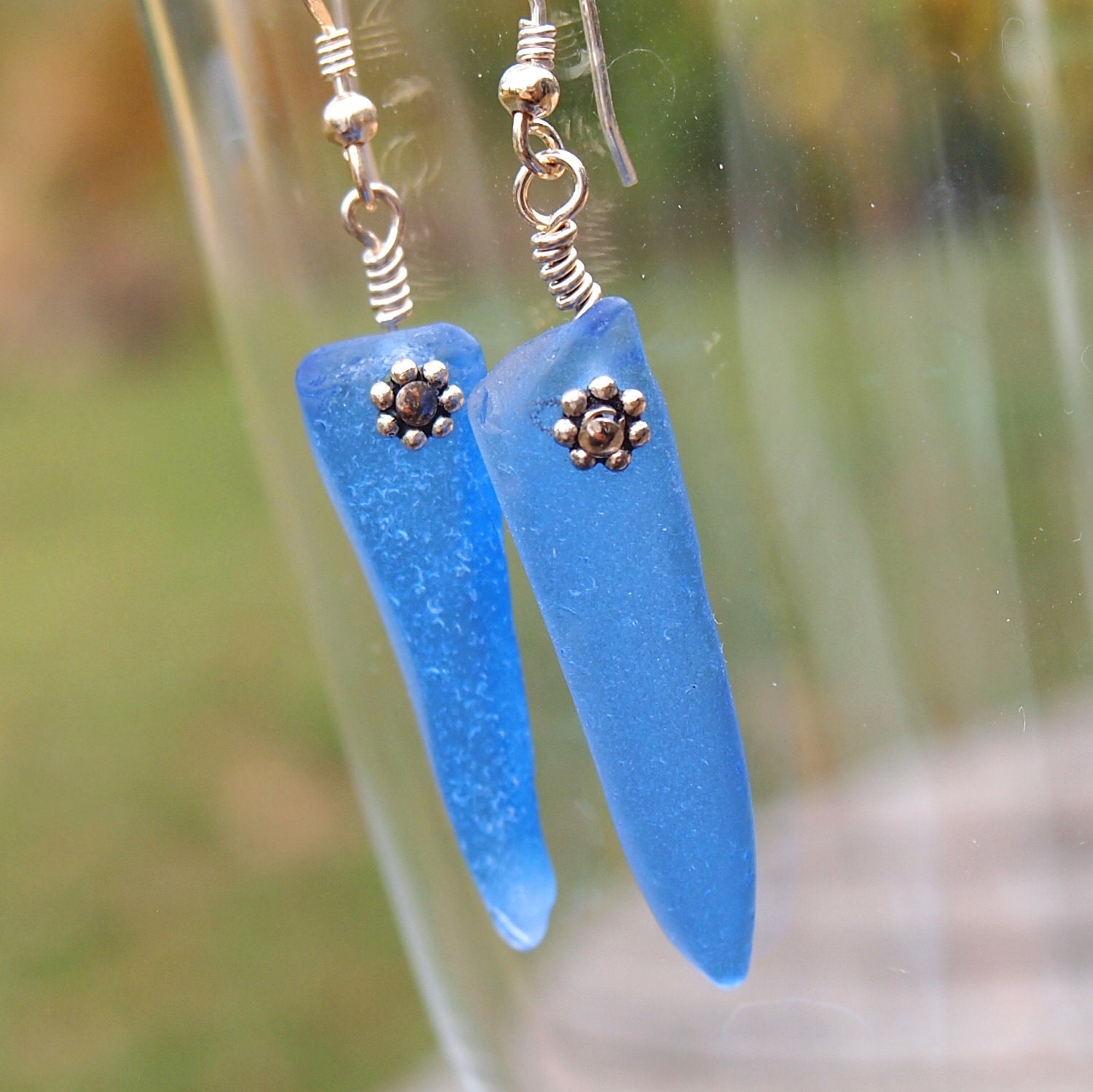 Cobalt Blue Sea Glass Spike and Flower Earrings Sterling Silver - Exotic