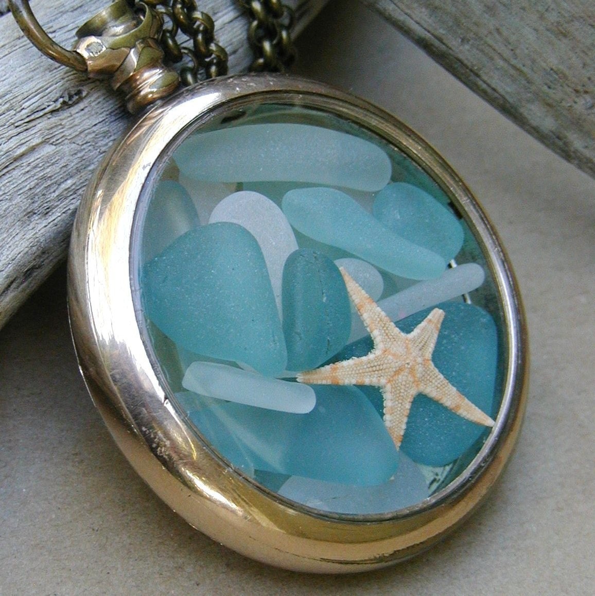 Ocean Treasures Antique 14k GF Pocket Watch Locket Sea Glass Necklace