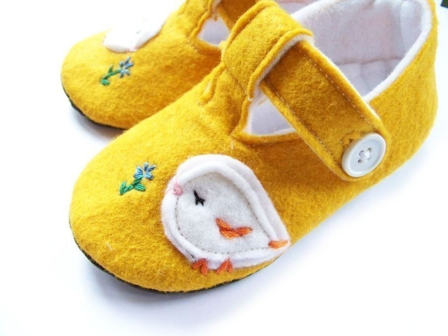 Shoes, BABY, toddler, booties, wool felt, yellow, t-bar, Little Chicky. Baby Shoes by IvoryandMoss on Etsy