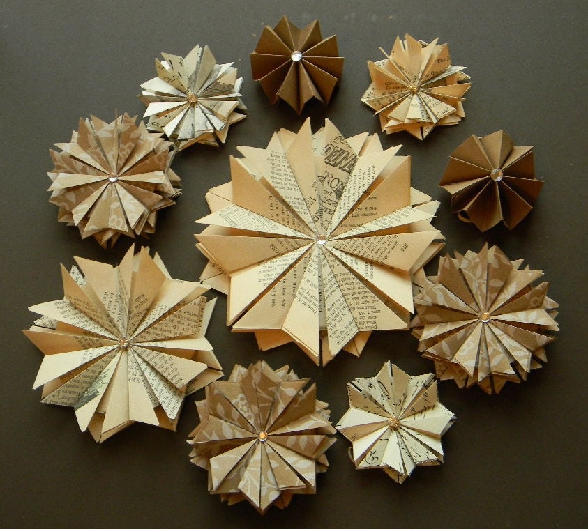 Unique Wedding Decor 50 Paper Star Ornaments Assortment Vintage Book Pages-Brown Paper- White Floral Design- MADE TO ORDER