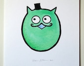 Hoot in TopHat - Original Mixed Media Fat Bird on Paper