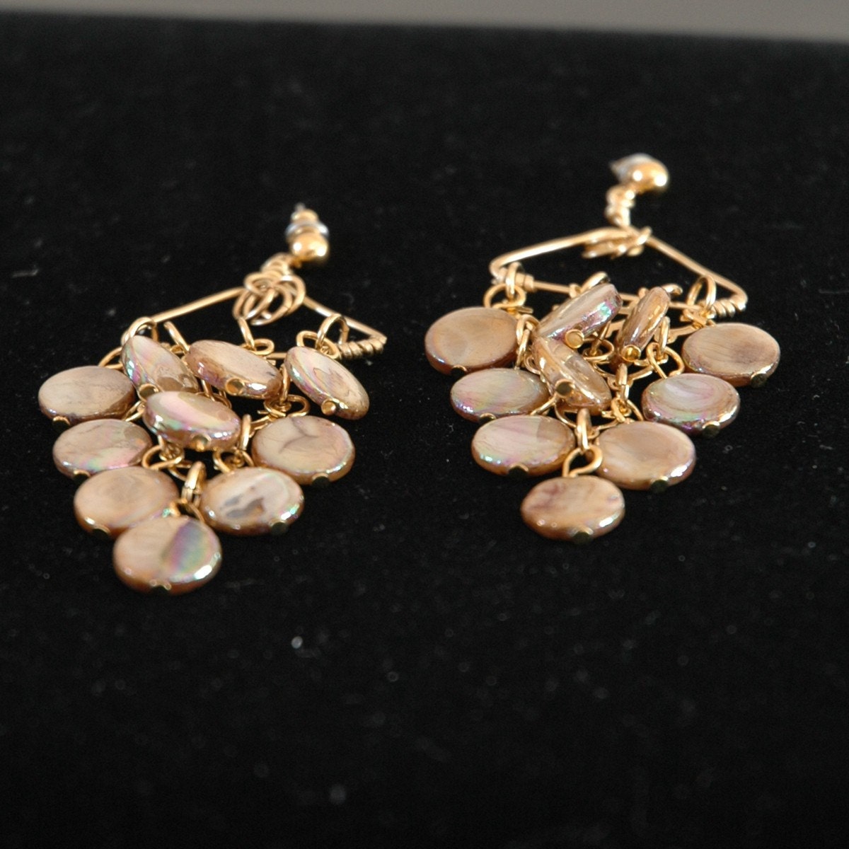 Gold Coin Earrings, Chandelier Mussel Shell