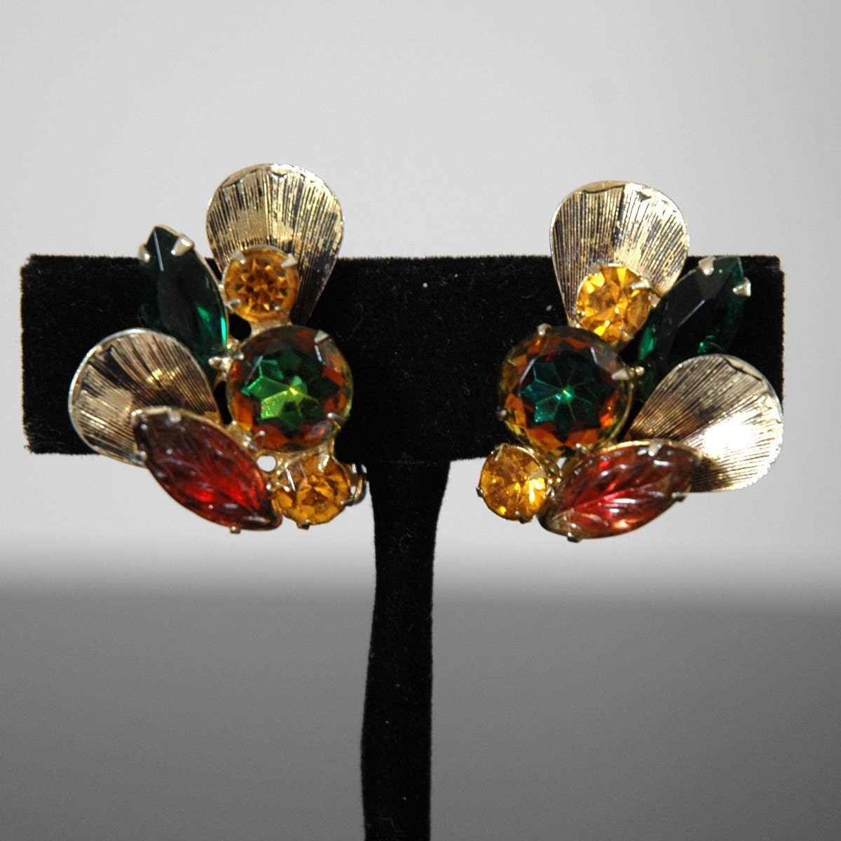 Vintage Holiday Earrings, Watermelon Tourmaline Rhinestone Clips - Book Piece