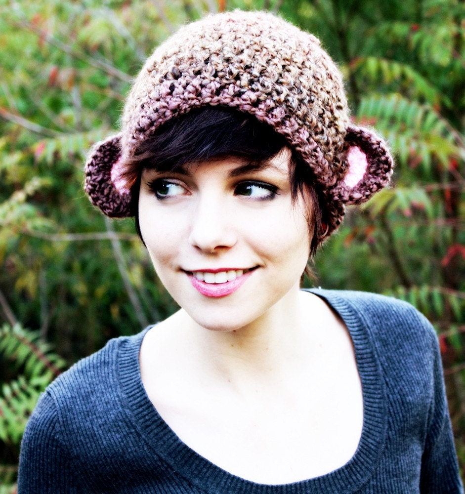 Monkey Hat - Monkey Beanie - Animal Hat - Costume - With Ears - Brown