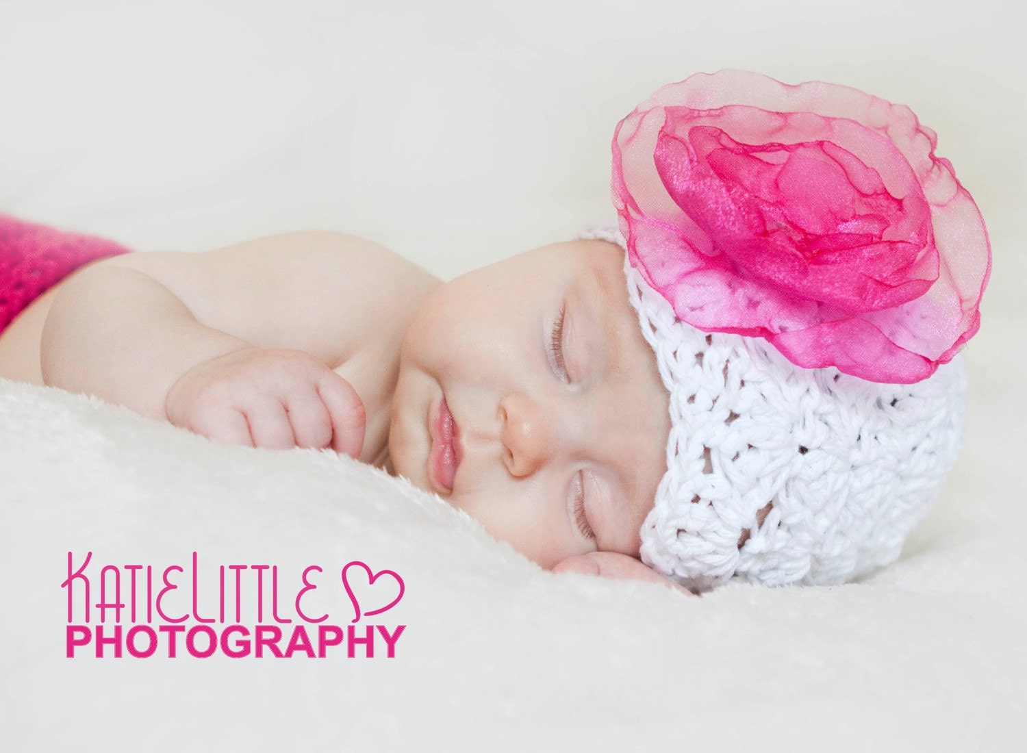 Sweet Baby Hat. White Crocheted Hat with Large Pink Organza Flower, PHOTO Prop or personal use