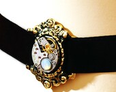 Steampunk Neo Victorian Choker - Adjustable - Repurposed Watch Movement Choker Necklace In Antiqued Gold With A Swarovski Crystal