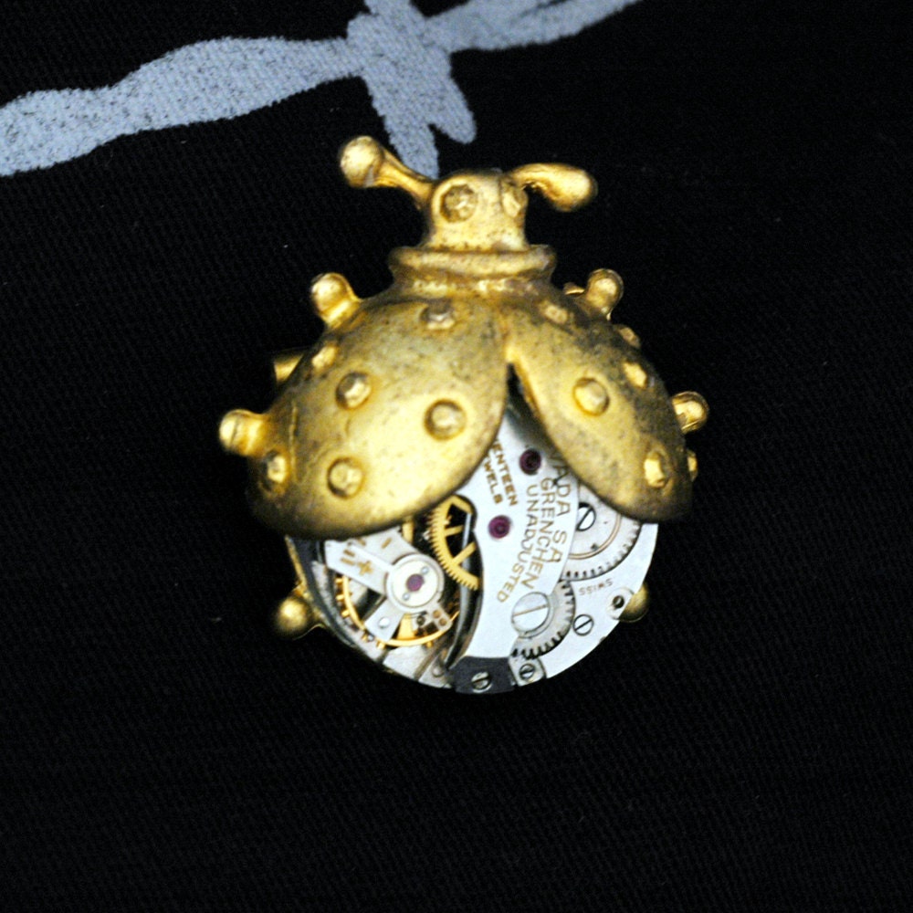 Biological Clock - Metal Ladybug Pin - Steampunk Insect - Gold Lady Bug Brooch - Vintage Complete Repurposed Round Silver Watch Movement