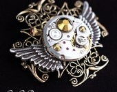 Cross Time - Time Flies Series - Steampunk Complete Repurposed Vintage Watch Movement Convertible Pin And Necklace - One Of A Kind - O.O.A.K
