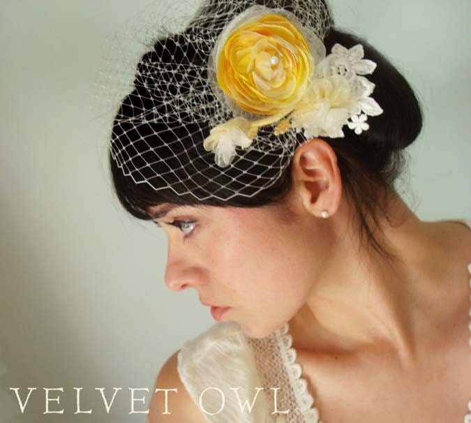 Yellow Ranunculus bridal fascinator comb or clip and detach birdcage veil- SAVANNAH