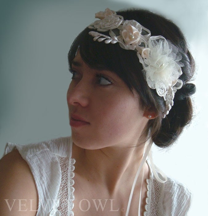 Bridal headband satin and silk leaves and flowers- IRENE
