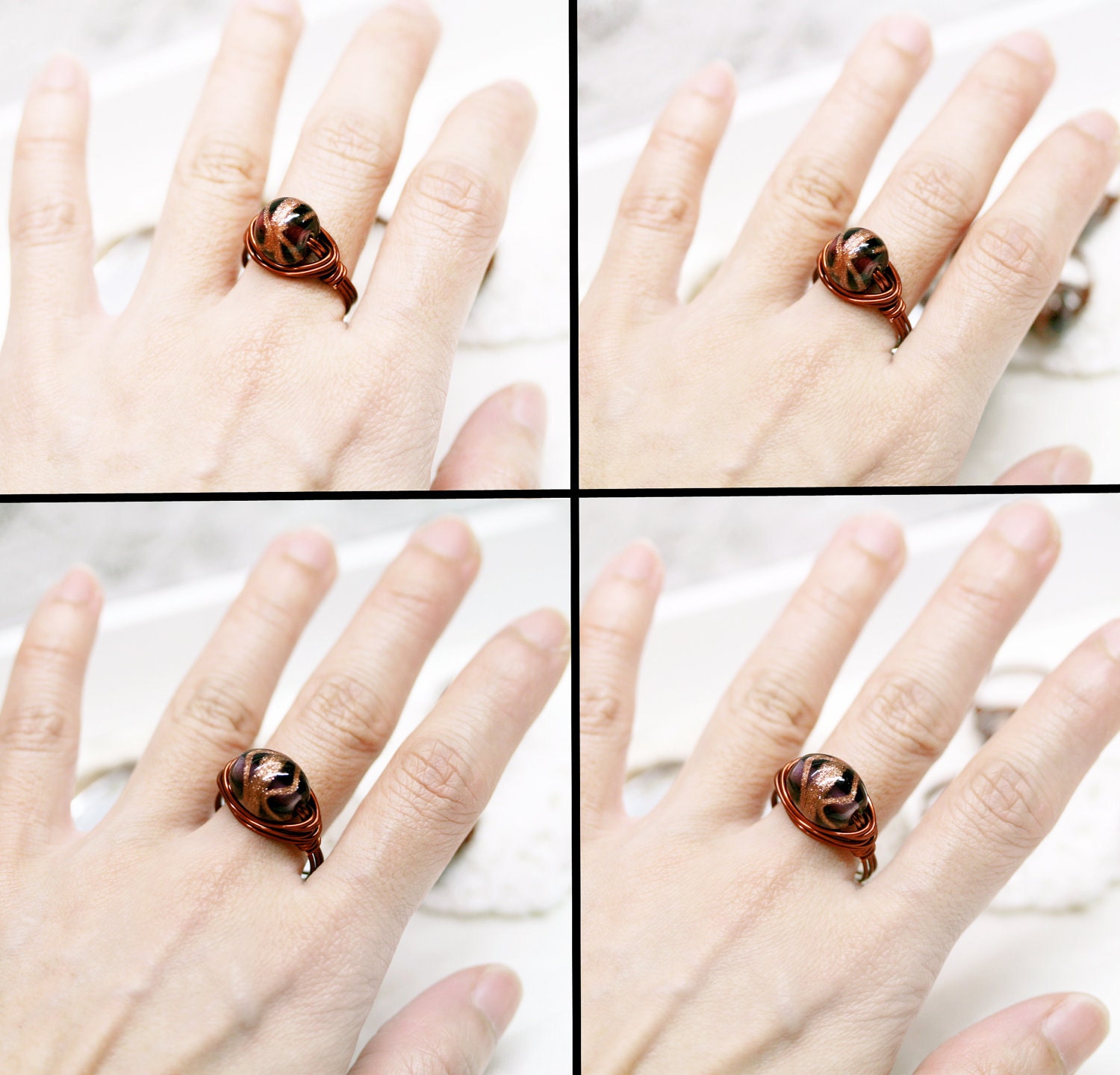 PIF glass beads wire wrapped ring - Size 7 only