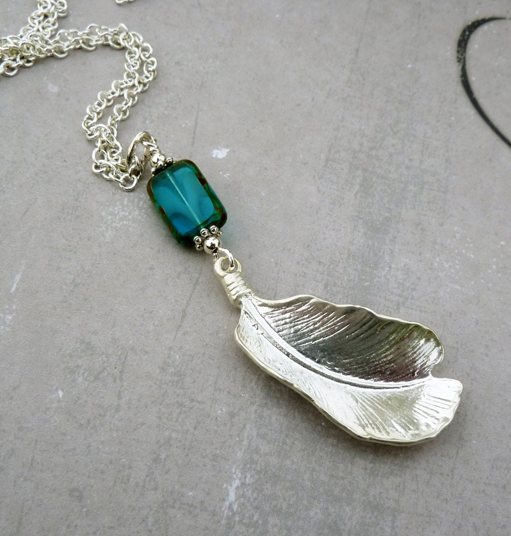 May Sale 10% off - Silver Feather Long  Bohemian  Necklace - Teal Blue, Czech Glass