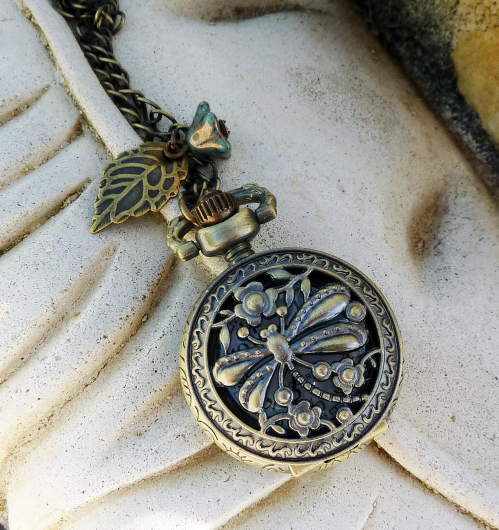 SALE  -  Butterfly Pocket Watch Necklace - Nature Inspired, Antique Brass, Locket, Long