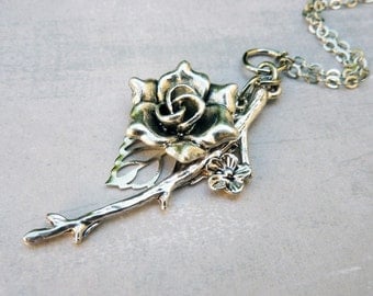 May Sale 10% off - Silver Charm Necklace - Woodland, Rose, Twig, Nature