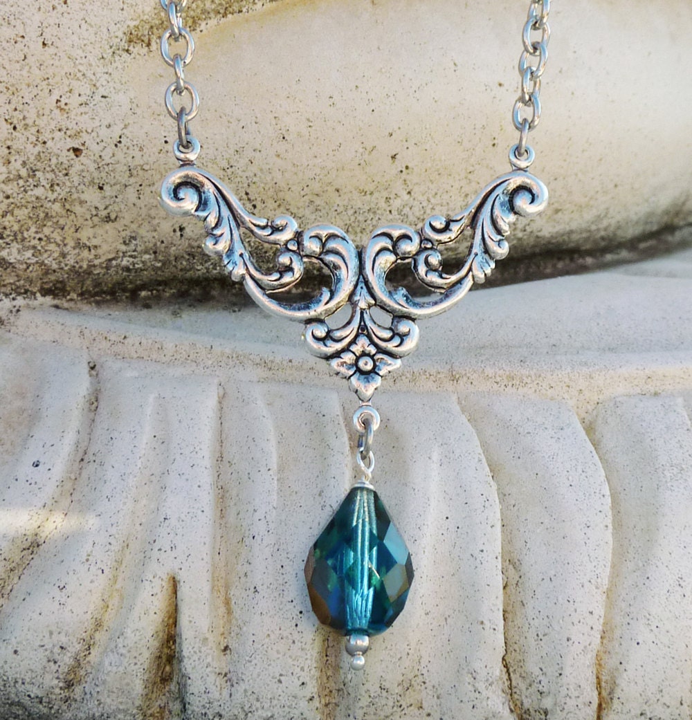 May Sale 10% off - Art Nouveau Silver Necklace, Aqua Bohemian Czech Glass Drop, Teal