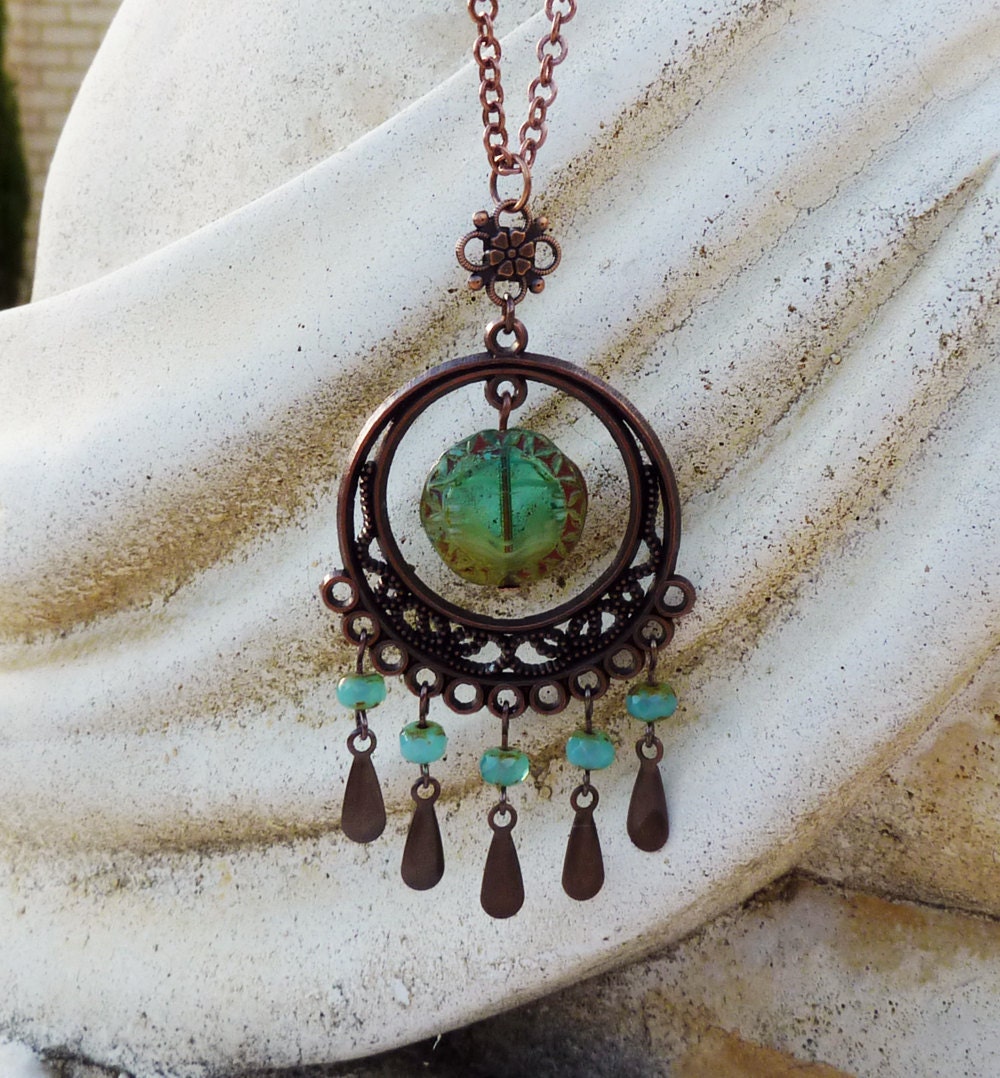 May Sale 10% off - Long Teal Bohemian Czech Glass Chandelier Necklace in Antique Copper