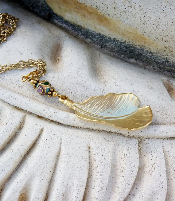 May Sale 10% off - Long Gold Feather Necklace - Bohemian, Southwestern, Tribal, Nature, Woodland