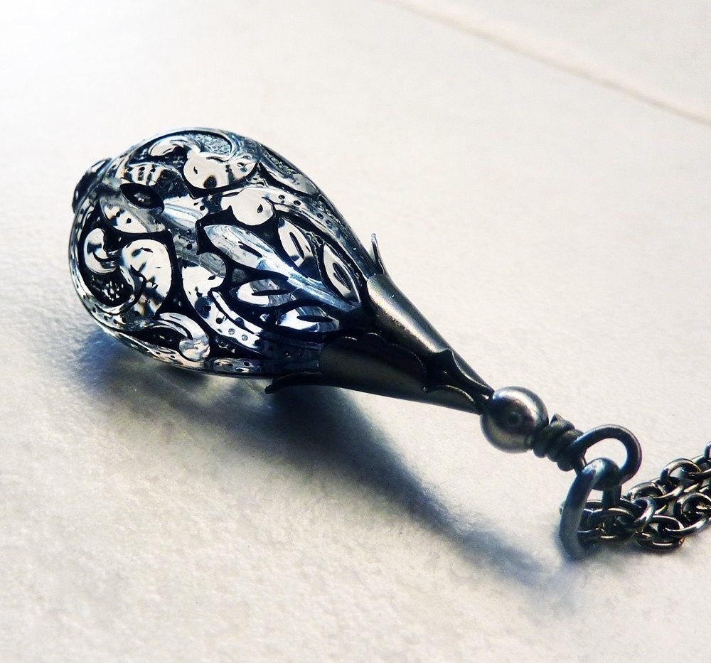 May Sale 10% off - Black Lace Elegant Tear Drop Pendant