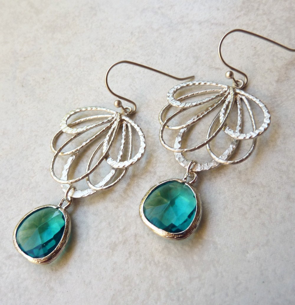 May Sale 10% off - Chandelier Earrings - Rhodium, Silver, Wedding, Bohemian, Teal, Jewel, Dangle Earrings