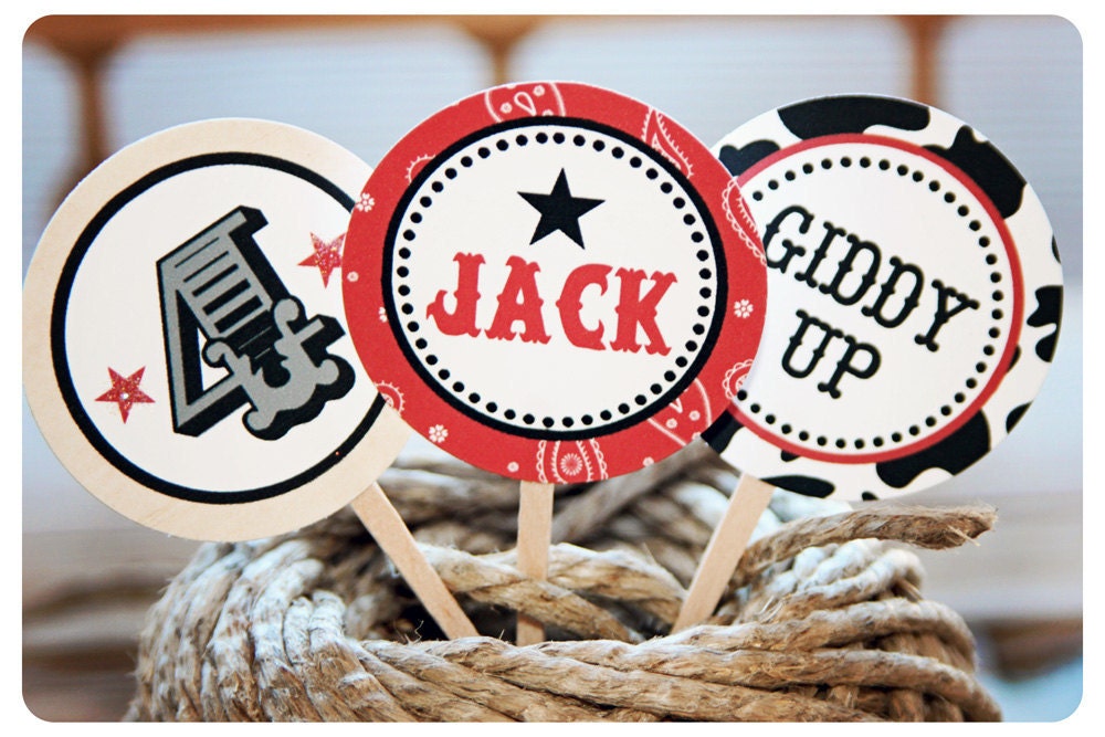 Rootin Tootin Western Party Cupcake Toppers Black Cowhide Set Of 12