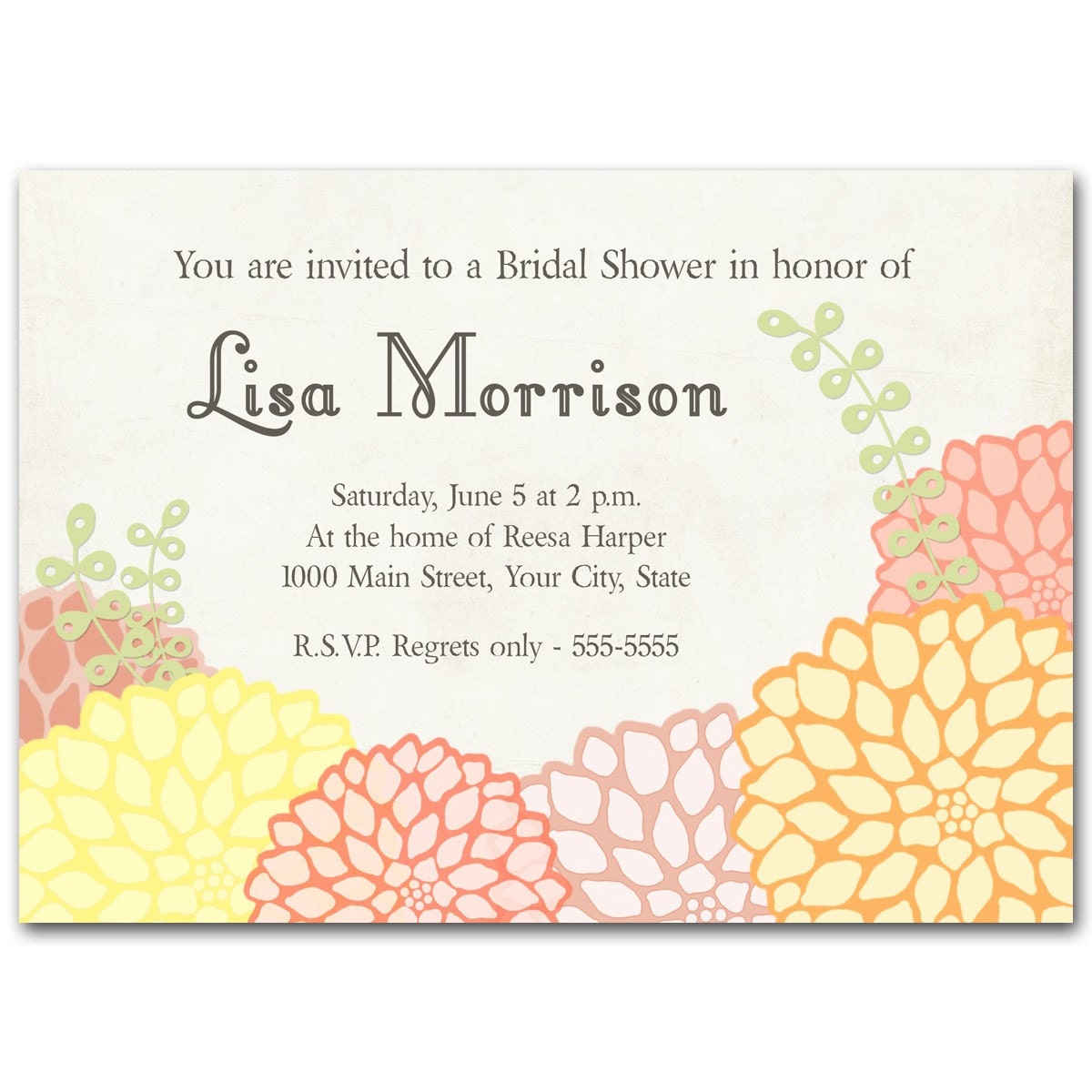 Luscious pink, orange and yellow flowers, invitation for bridal or baby shower, wedding event, printed or digital