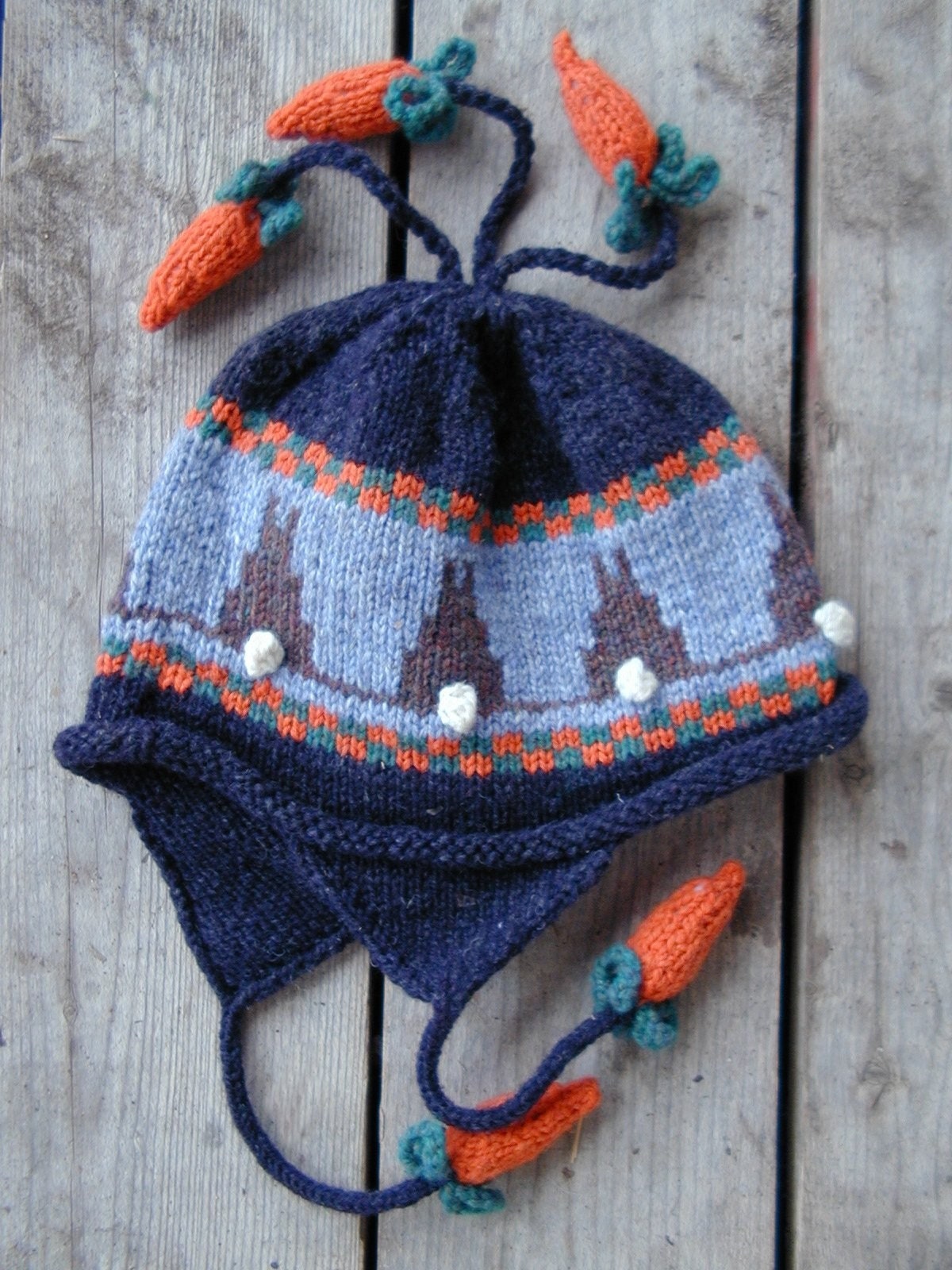 Adult Blue Ear Flap Hat -  Bunny and Carrot