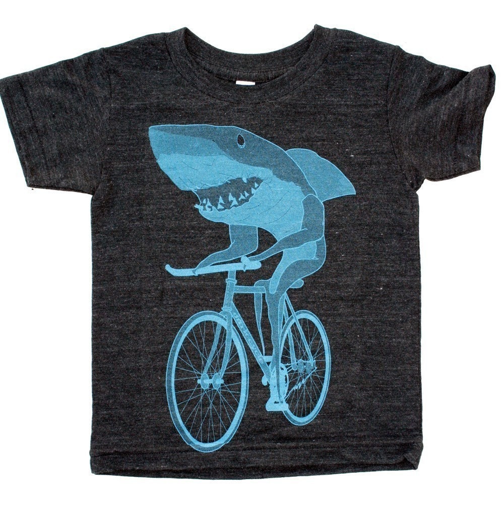 Kids Shark on a Bike Shirt - American Apparel Toddler Tri-Blend T-Shirt - Sizes 2, 4, 6, 8, 10, 12