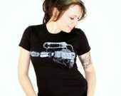 Steampunk Blaster Raygun Print on Black Ladies American Apparel TShirt - Free Shipping - Available in Small, Medium, Large and Extra Large