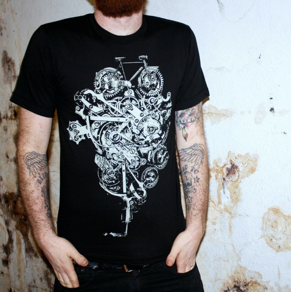 Steampunk Bike Machine Watch Parts American Apparel Black TShirt