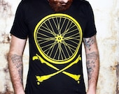 Bike Wheel and Crossbones T-Shirt - Chartreuse Bicycle Print American Apparel- complimentary shipping - Available in xs, s, m, l, xl and xxl