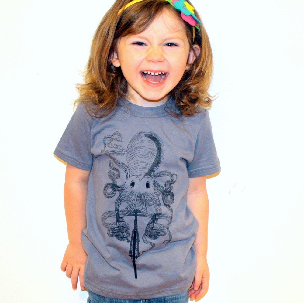 Octopus on Bike T Shirt - Grey - TShirt  XS, S, M, L, XL, XXL and now Toddler and Kid Sizes