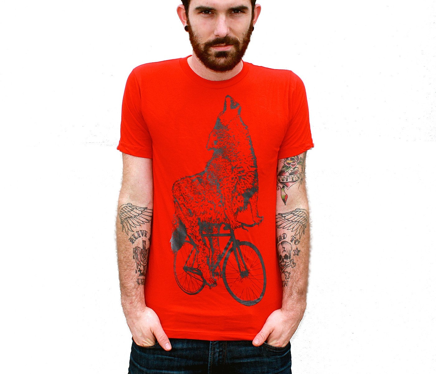 Mens WOLF (on a BICYCLE) american apparel t shirt S M L XL (Red)