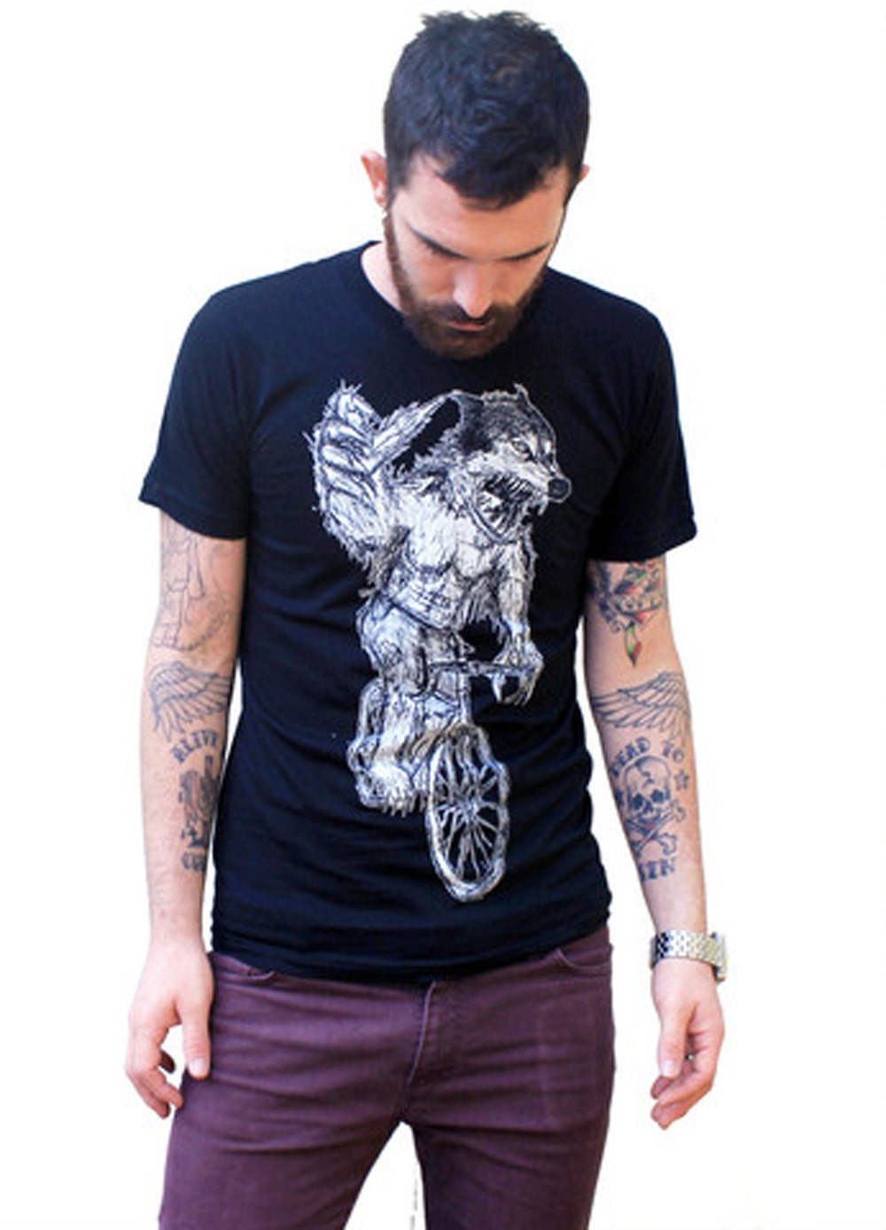 Mens WEREWOLF (on a bike) Horror american apparel t shirt S M L XL (Black)