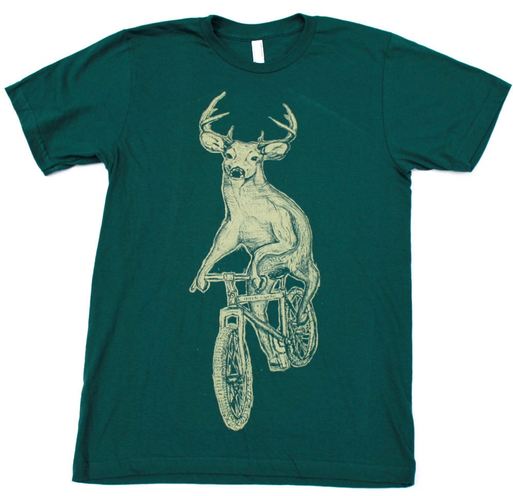Bicycle T SHIRT American Apparel screen print deer shirt bike shirt Mountain Bike Forest green ethically made antler tshirt Antler Art