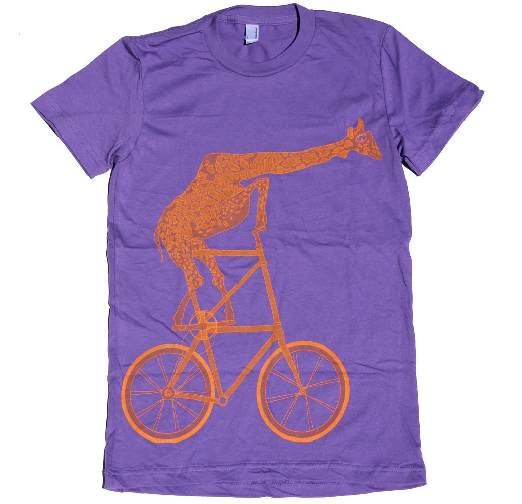 Womens - GIRAFFE on a BICYCLE- T Shirt american apparel S M L XL (Purple)