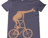 Womens - GIRAFFE on a BICYCLE- T Shirt american apparel S M L XL (Navy)